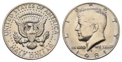 США 1/2 доллара (50 центов) 1981 P, Джон Кеннеди KM A202b медь плакированная медно-никелем UNC 4672-613