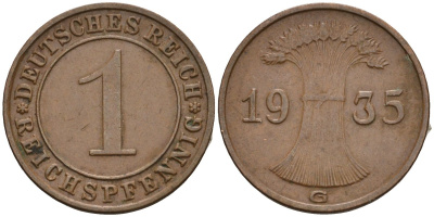 Германия 1 рейхспфенниг 1935 G KM 37, J. 313 бронза 4516-1215