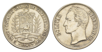 Венесуэла 1 боливар 1945 Симон Боливар Y 22a серебро aUNC 1526-942