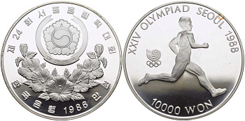 Южная Корея 10000 вон 1986 XXIV Летние Олимпийские игры в Сеуле 1988 года, бег KM 56 серебро PROOF 1078-8-43