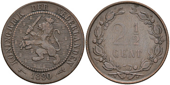 Нидерланды 2 1/2 цента 1880 Виллем III (1849-1890) KM 108 бронза 4575-916