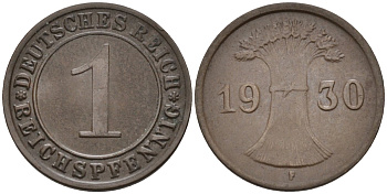 Германия 1 рейхспфенниг 1930 F KM 37, J.313, Weege 2 медь 4585-618