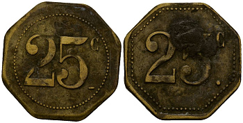 Франция 25 сантимов XIX-XX век ресторанный жетон латунь 4166-532