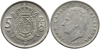ИСПАНИЯ 5 ПЕСЕТ 1975 (77) ХУАН КАРЛОС I KM 807 медно-никель 4393-237
