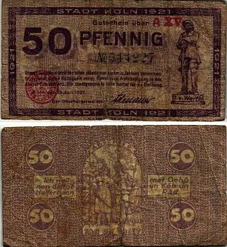 КЁЛЬН 50 ПФЕННИГОВ 1921 13 ИЮЛЯ 1921, НОТГЕЛЬД, ЗЕМЛЯ СЕВЕРНЫЙ РЕЙН-ВЕСТФАЛИЯ, СЕРИЯ AXV Keller К30.18c бумага 6318-28-2-1