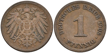 Германия 1 пфенниг 1908 A KM 10, J. 10 медь 4567-1257
