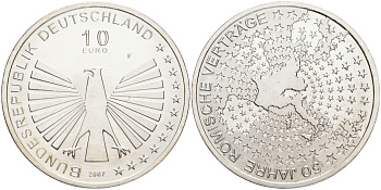 ФРГ 10 евро 2007 F, 50 лет Римскому договору KM 264, DE.S. 10.30 серебро UNC 107-1232
