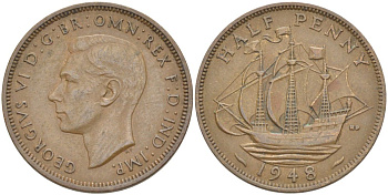 Великобритания 1/2 пенни 1948 Георг VI (1936-1952) KM 844, Spink 4115 бронза 83-1317