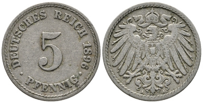 ГЕРМАНИЯ 5 ПФЕННИГОВ 1896 A KM 11, J. 12 медно-никель 39-722