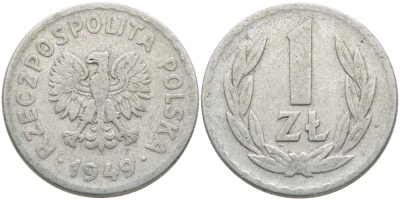 ПОЛЬША 1 ЗЛОТЫЙ 1949 KM 45а алюминий 113-414