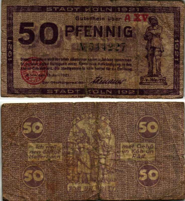 КЁЛЬН 50 ПФЕННИГОВ 1921 13 ИЮЛЯ 1921, НОТГЕЛЬД, ЗЕМЛЯ СЕВЕРНЫЙ РЕЙН-ВЕСТФАЛИЯ, СЕРИЯ AXV Keller К30.18c бумага 6318-28-2-1