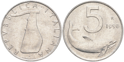 Италия 5 лир 1998 R, дельфин KM 92 алюминий  UNC  4594-728
