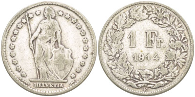 Швейцария 1 франк 1914 В KM 24 серебро 4544-355