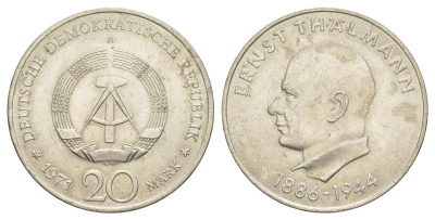 ГДР 20 марок 1971 A, 85 лет со дня рождения Эрнста Тельмана KM 34, J. 1535 медно-никель 4634-113