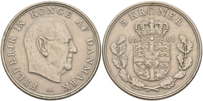 Дания 5 крон 1961 C; S, Фредерик IX (1947-1972) KM 853.1 медно-никель    4157-326