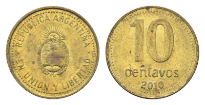 Аргентина 10 сентаво 2010 KM 107a сталь плакированная латунью UNC 4664-613