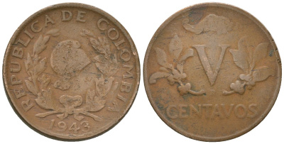 Колумбия 5 сентаво 1945 KM 206 бронза 4611-851