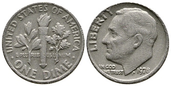 США 10 центов (дайм) 1978 Рузвельт KM 195а медь плакированная медно-никелем 73-1759