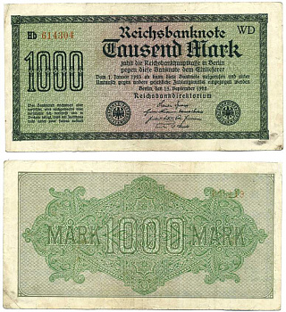 ГЕРМАНИЯ 1000 МАРОК 1922 СЕРИЯ WD, ВОДЯНОЙ ЗНАК №30, БУМАГА БЕЛАЯ Pick 76, Розенберг 75i бумага VF 8611-28-1-2