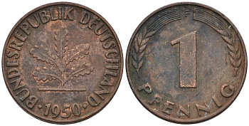 ФРГ 1 ПФЕННИГ 1950 F KM 105, J.380 сталь плакированная медью 75-413