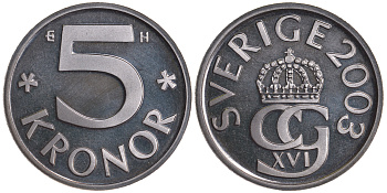Швеция 5 крон 2003 H, Карл XVI Густав (1973- ) KM 853a медно-никель PROOFLIKE 59-235