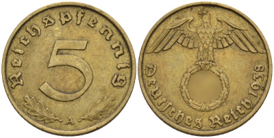 Германия 5 рейхспфеннигов 1938 A KM 91, J. 363 алюминиевая бронза 4151-826
