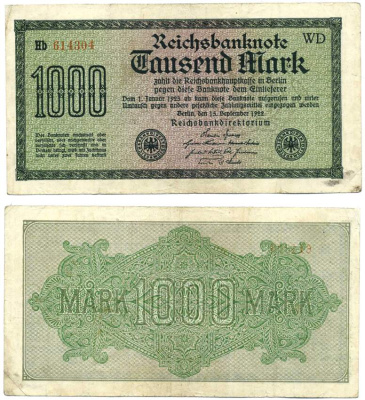 ГЕРМАНИЯ 1000 МАРОК 1922 СЕРИЯ WD, ВОДЯНОЙ ЗНАК №30, БУМАГА БЕЛАЯ Pick 76, Розенберг 75i бумага VF 8611-28-1-2