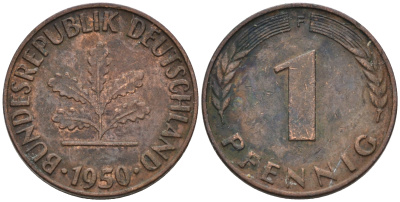 ФРГ 1 ПФЕННИГ 1950 F KM 105, J.380 сталь плакированная медью 75-413