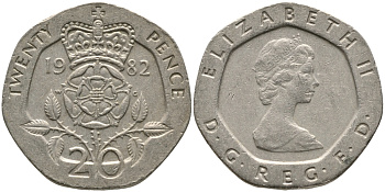 Великобритания 20 пенсов 1982 Елизавета II (1952-2022) KM 931, Spink 4230 (G1) медно-никель 65-955