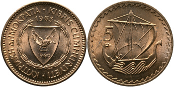 Кипр 5 милсов 1963 парусник KM 39 бронза aUNC 33-741