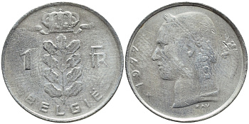 БЕЛЬГИЯ 1 ФРАНК 1977 BELGIE KM 143.1 медно-никель 4379-632