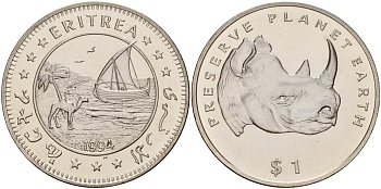Эритрея 1 доллар 1994 серия берегите планету Земля, носорог KM 16 медно-никель UNC 4125-834