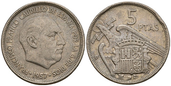 Испания 5 песет 1957 (61) Франсиско Франко (1939-1975) KM 786 медно-никель 186-523