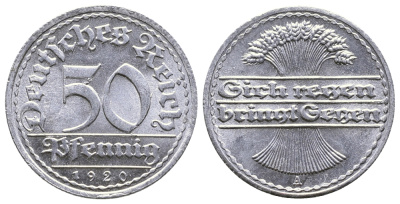 ГЕРМАНИЯ 50 ПФЕННИГОВ 1920 А KM 27, J. 301 алюминий 4380-546