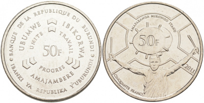 Бурунди 50 франков 2011 KM 22 сталь плакированная никелем UNC M2-08