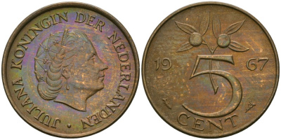 Нидерланды 5 центов 1967 Юлиана (1948-1980) KM 181 бронза 4579-622