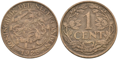 Нидерланды 1 цент 1926 Вильгельмина (1890-1948) KM 152 бронза 4576-1065