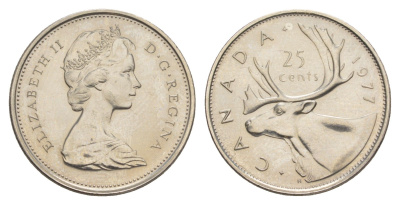 Канада 25 центов 1977 Елизавета II (1952-2022), олень KM 62b никель UNC 4638-522