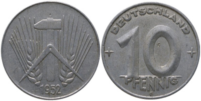 ГДР 10 пфеннигов 1952 E KM 7 алюминий 206-635