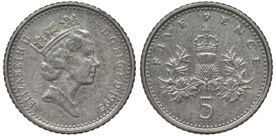 Великобритания 5 пенсов 1995 Елизавета II (1952-2022) KM 937b, Spink 4372 (D4) медно-никель 4124-653