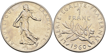 Франция 1 франк 1960 сеятель KM 925.1, LE FRANC 226.4 никель    4177-226