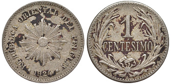 Уругвай 1 сентесимо 1924 KM 19 медно-никель 4169-631