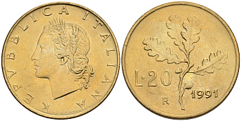 Италия 20 лир 1991 R, дубовый лист KM 97.2 алюминиевая бронза  UNC  4594-836