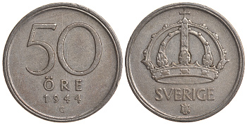 Швеция 50 эре 1944 G, Густав V (1907-1950) KM 817 серебро 4179-953