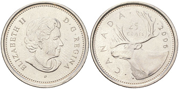 Канада 25 центов 2006 P, Елизавета II, олень KM 493 сталь плакированная никель aUNC 4143-356