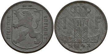 Бельгия 1 франк 1943 Belgique - Belgie, Леопольд III (1934-1947), германская оккупация, Вторая мировая война KM 127 цинк 4161-514