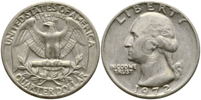 США 25 центов (квотер) 1972 Вашингтон KM 164а медь плакированная медно-никелем 4388-331