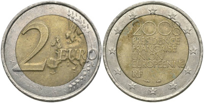 Франция 2 евро 2008 председательство в ЕС KM 1459 биметалл 67-241