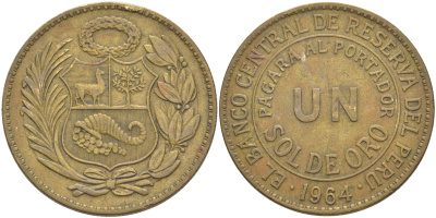 Перу 1 соль 1964 KM 222 латунь 4542-1223