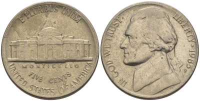 США 5 ЦЕНТОВ 1985 Р, ДЖЕФФЕРСОН KM А192 медно-никель 31-645
